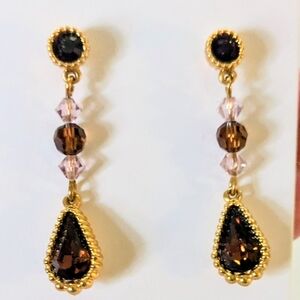 Vintage SWAROVSKI Swan Signed Brown Garnet Tone Crystal Dangle Drop Earrings 1.5